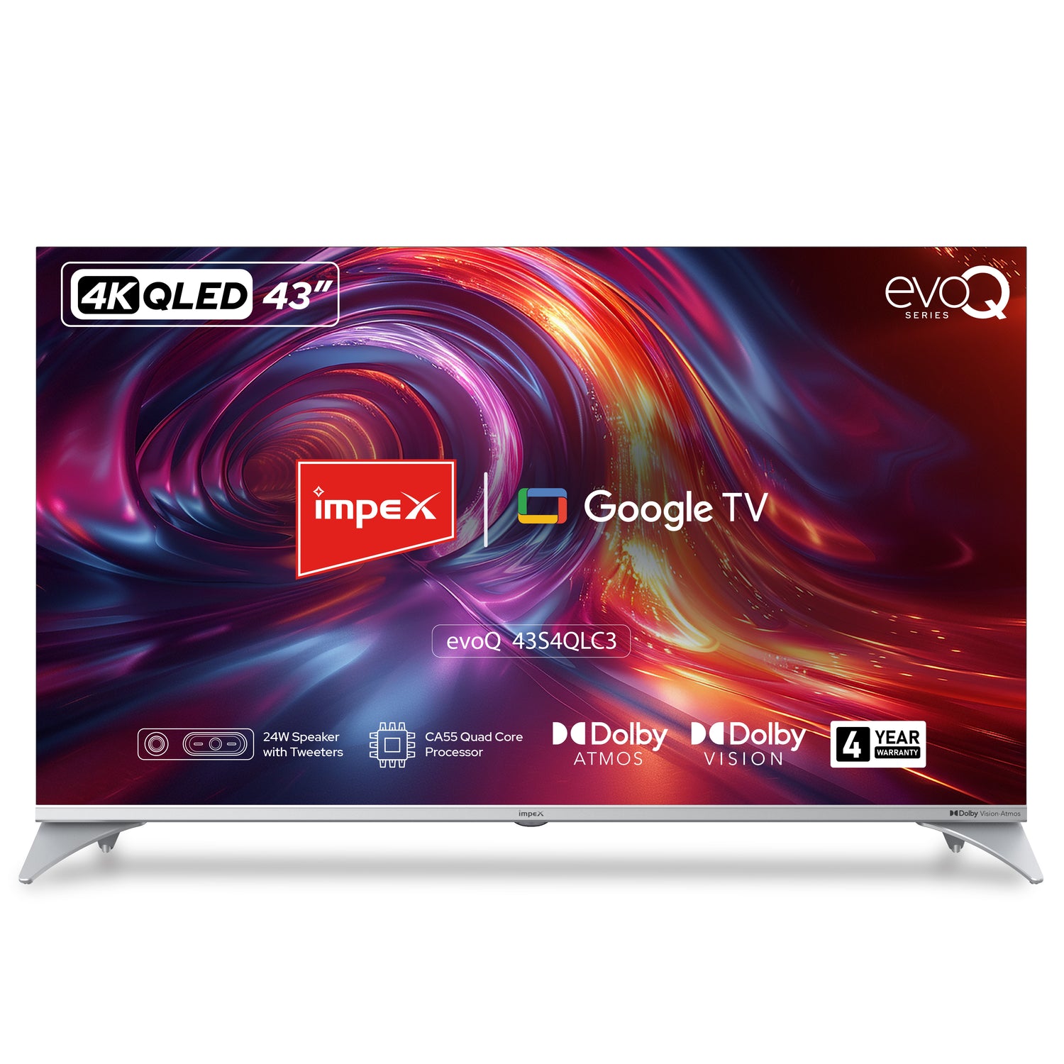 Impex evoQ 43S4QLC3 43-inch QLED TV | UHD 4K, HDR10, Dolby Vision, Dolby Atmos, Android 14, Google OS | 2+2 Year Warranty