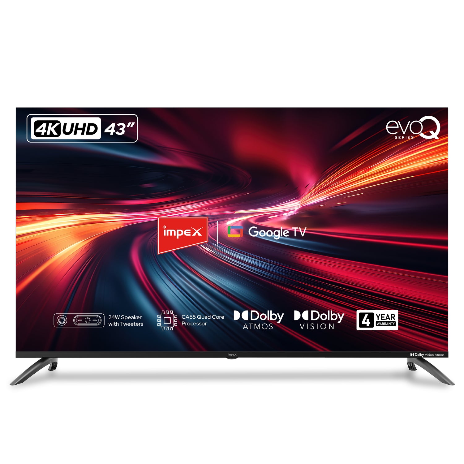 Impex evoQ 43-inch 4K UHD Smart Google TV with Dolby Vision, Dolby Atmos, and 2+2 Year Warranty (Black)