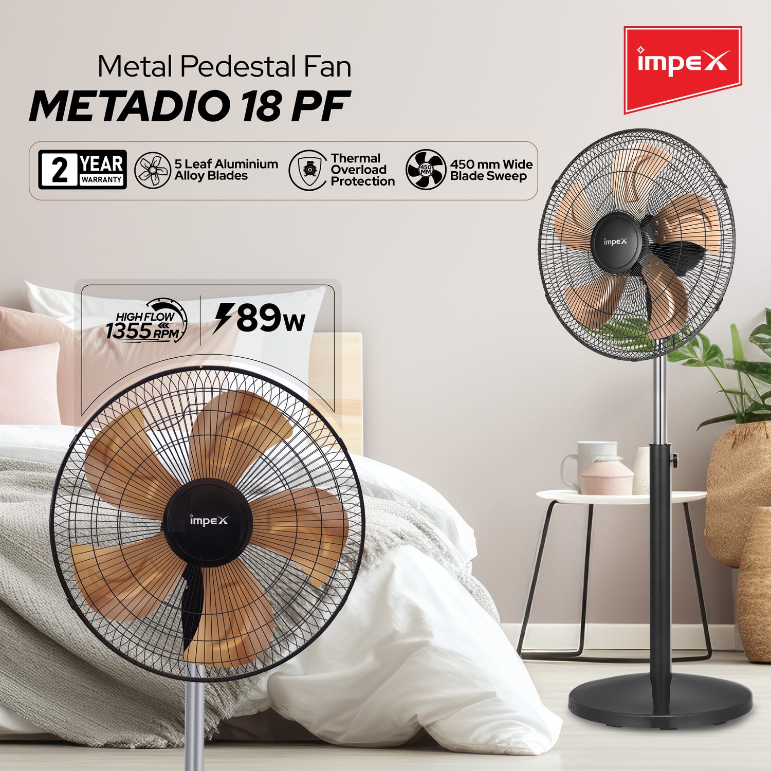 Impex Metadio 18 PF Gold 450 mm Metal Pedestal Fan with Telescopic Height Adjustment, Aluminium Blades, and 2-Year Warranty