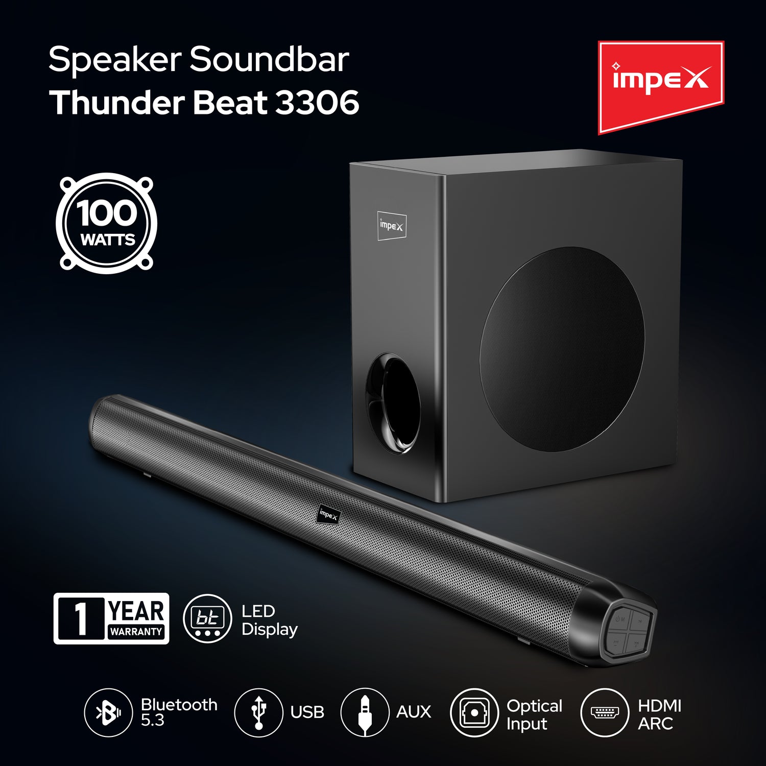 Impex Thunder Beat 3306 100W Soundbar with Subwoofer, Bluetooth 5.3, Multiple Inputs, Wall Mountable - Black | 1 Year Warranty