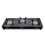 Impex Aspira Ador 3B Glasstop Gas Stove | 3 Brass Burners, Toughened Glass, Powder Coated Body, 2+5 Year Warranty | Black