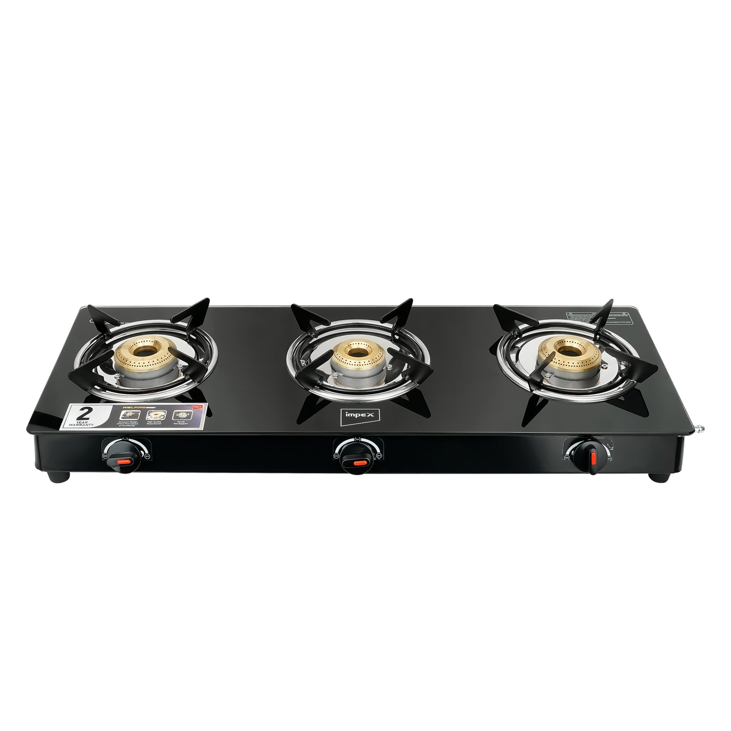 Impex Welfire 3B Three-Burner Glass Top Gas Stove with Toughened Glass, Brass Burners, and ISI Certification