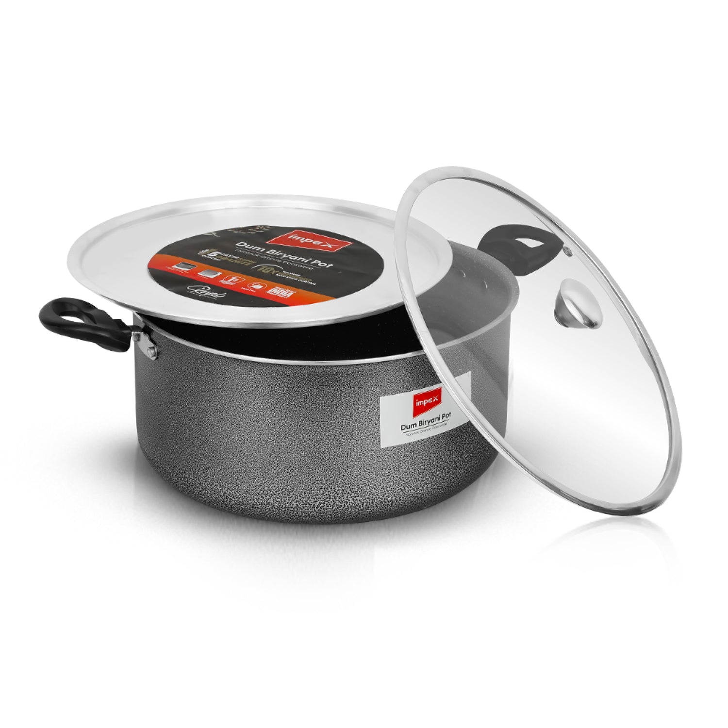 Impex RDBP8 - 10L, Dum Biryani Pot, Aluminium, PFOA-Free, Tempered Glass Lid, Induction Compatible, 1 Year Warranty, Grey