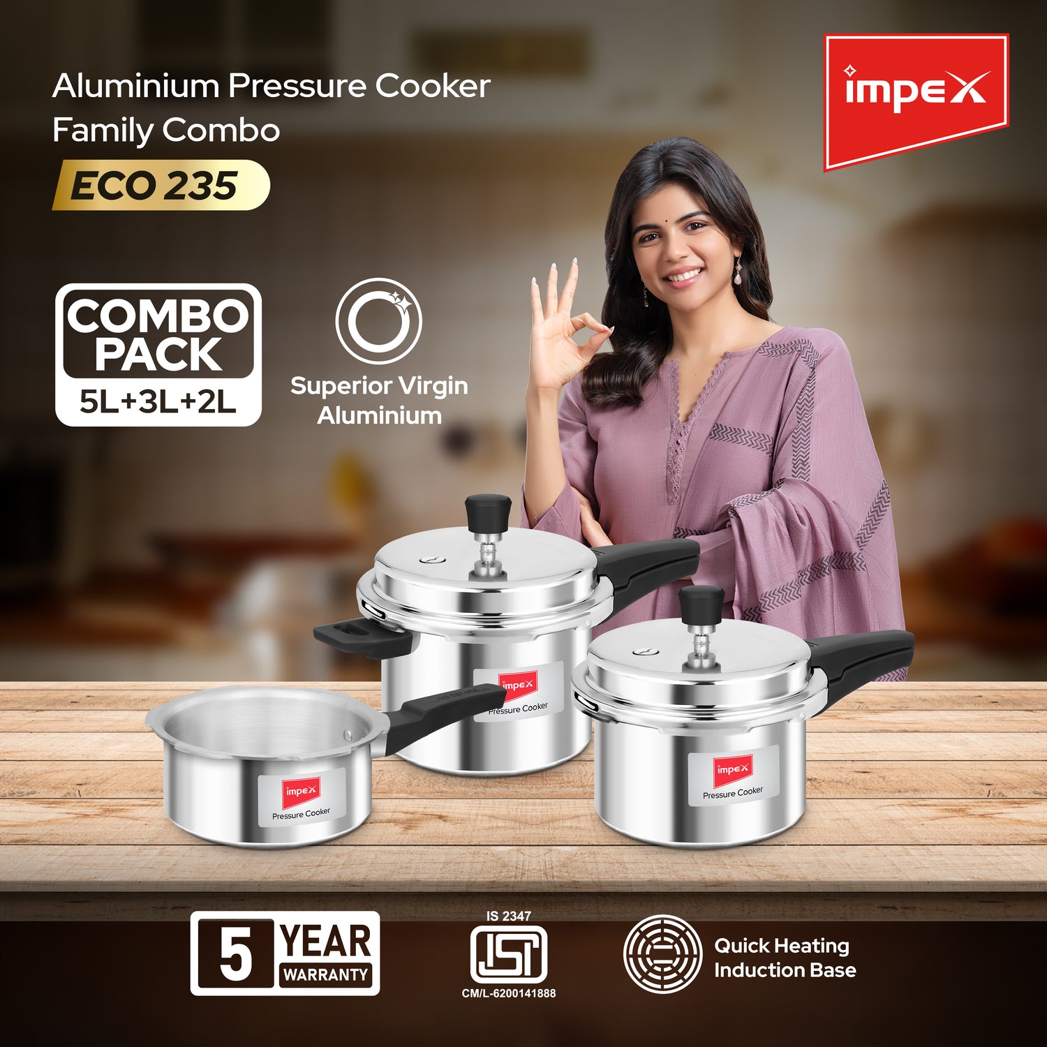 Impex ECO 235 Aluminium Induction Base Outer Lid Pressure Cooker Family Combo (Pack of 3)