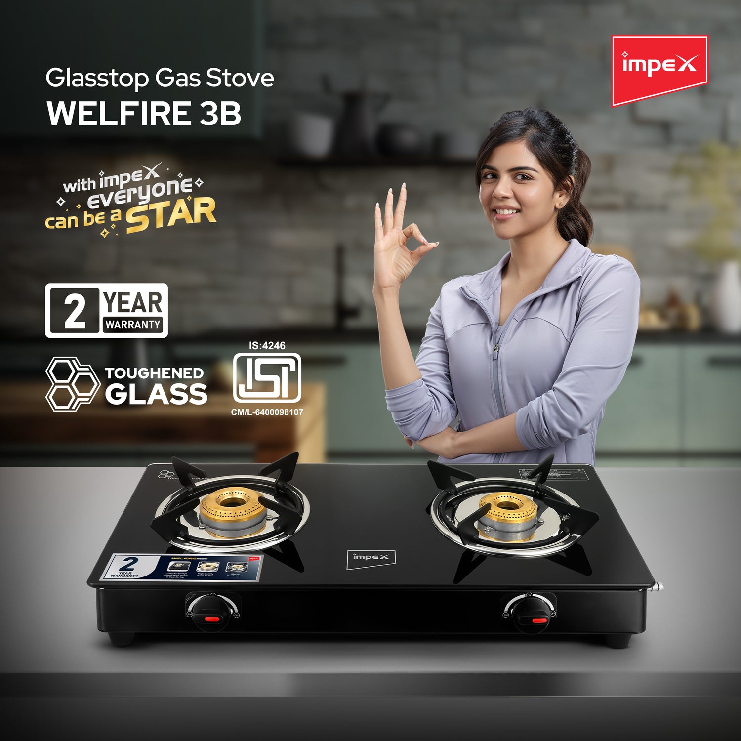 Impex Welfire 2B Two-Burner Glass Top Gas Stove with Toughened Glass, Brass Burners, and ISI Certification