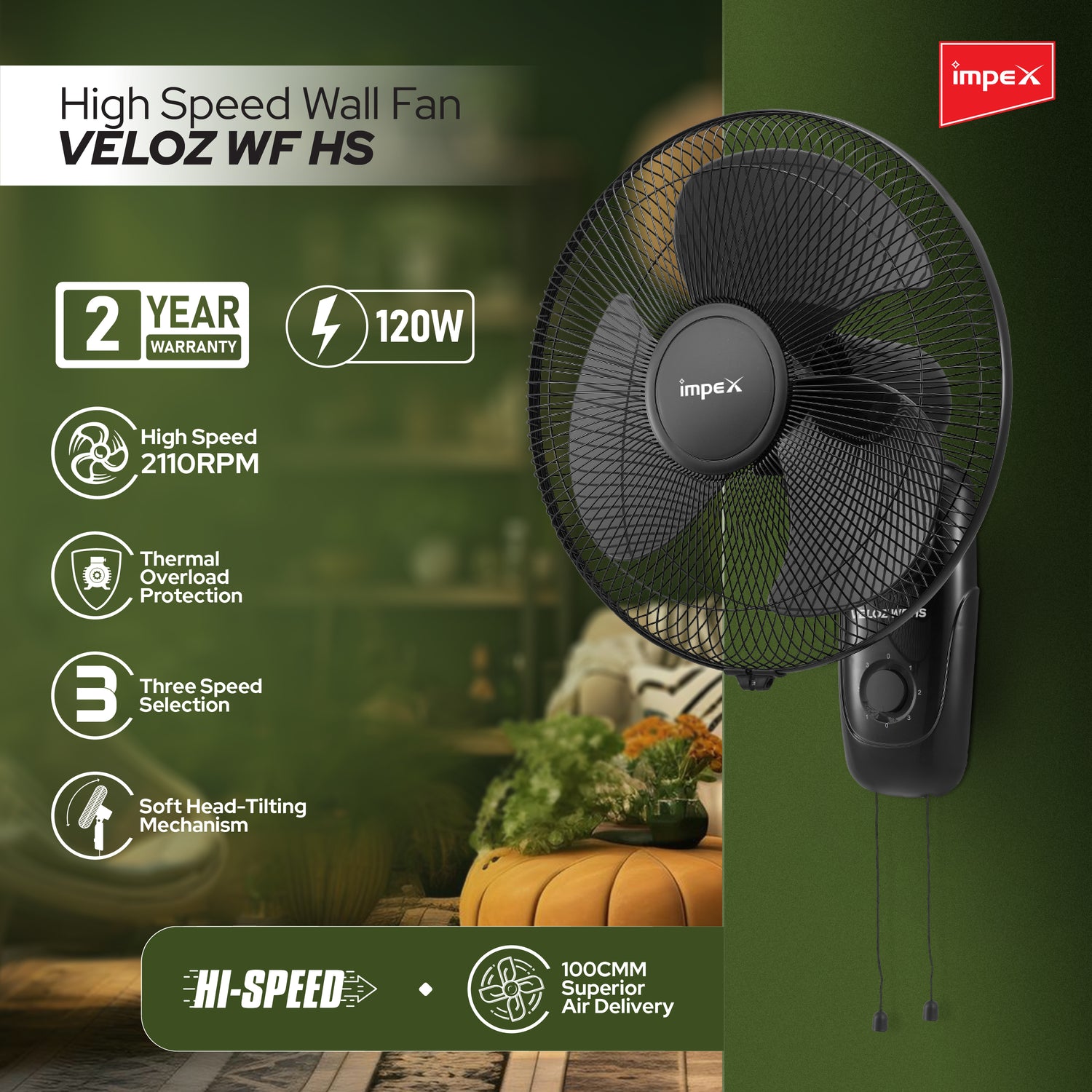 Impex Veloz WF HS 400 mm High-Speed Wall Fan with 3 Blades, Pull Cord, and 2-Year Warranty (Black)