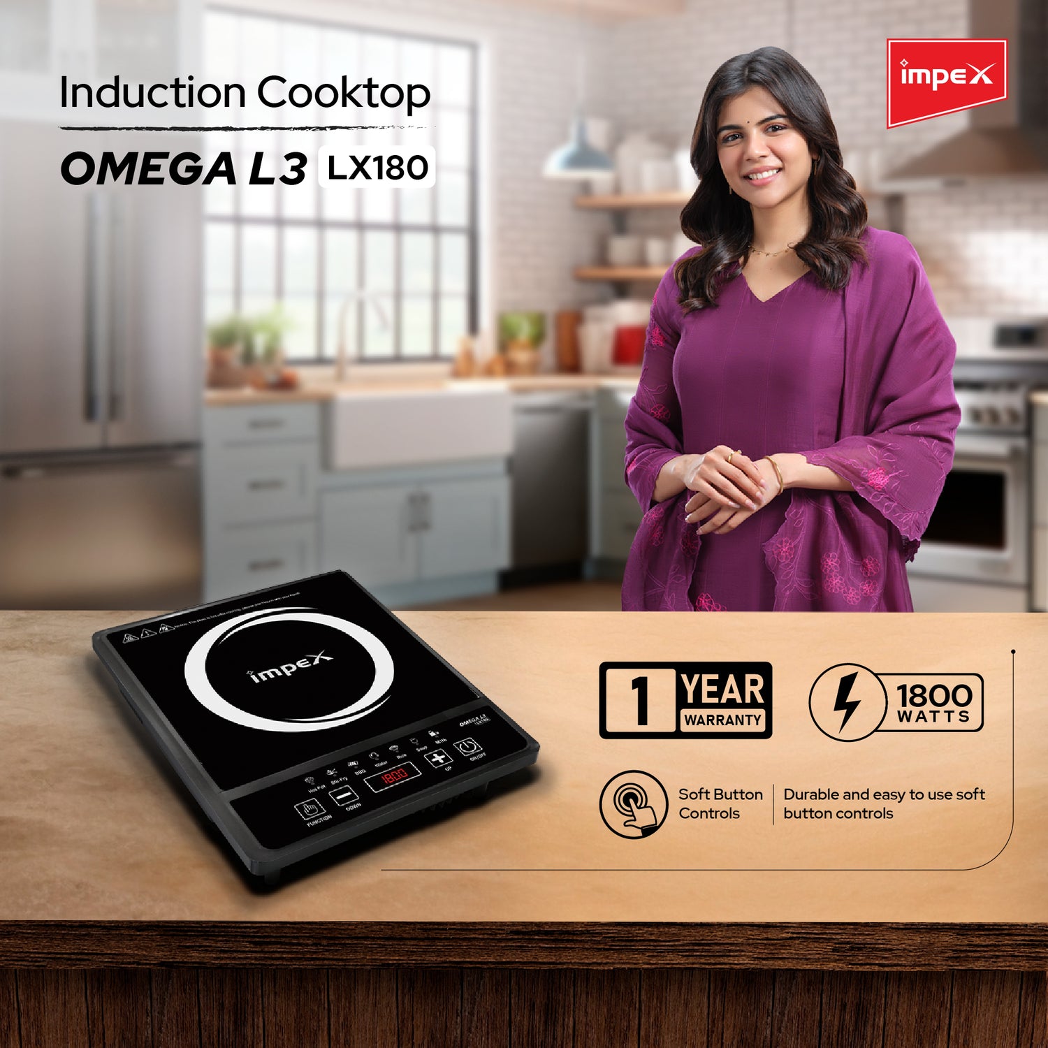 Impex OMEGA L3 LX180 Induction Cooker with 1800W Power, 7 Pre-Programmed Modes & Auto Pan Sensor