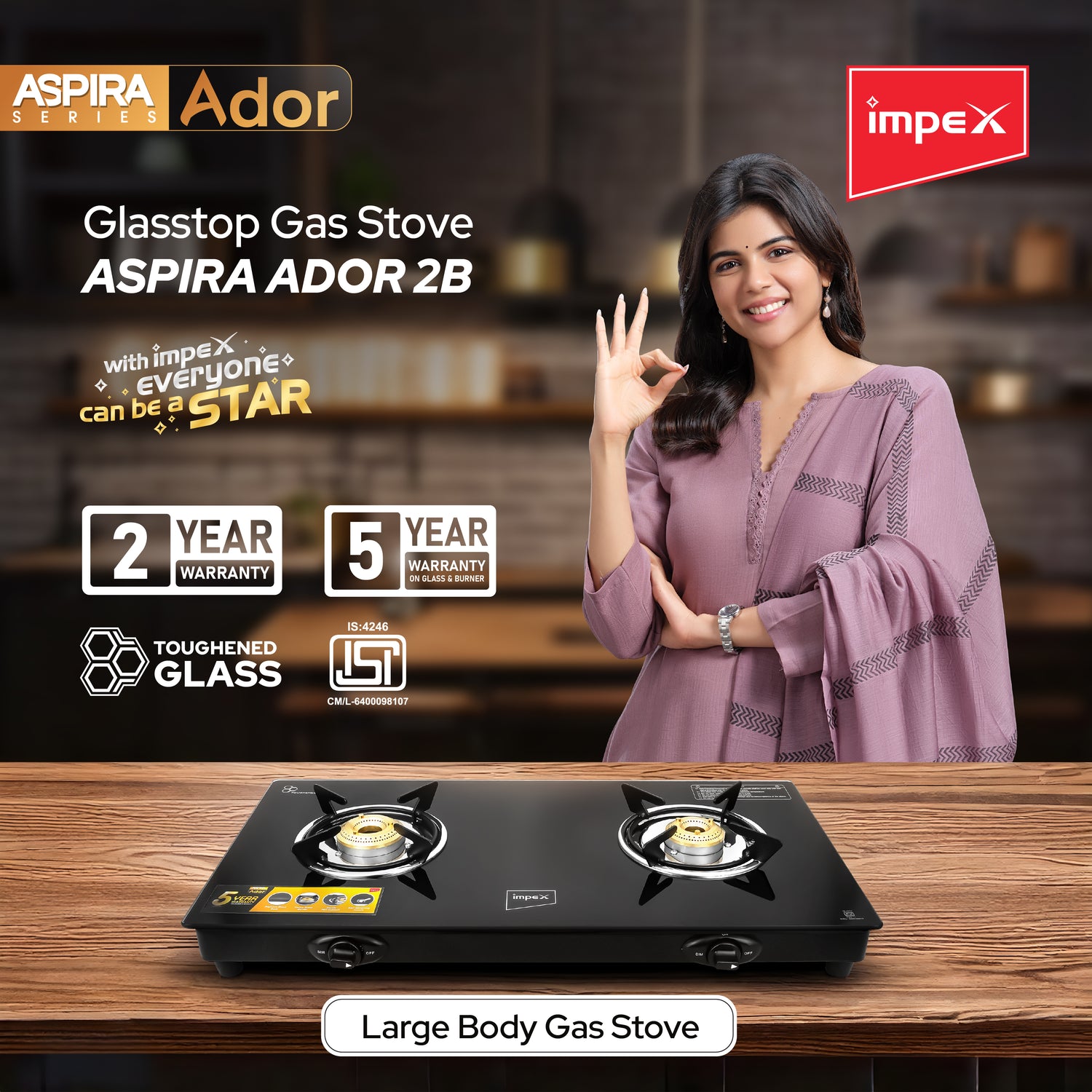 Impex Aspira Ador 2B Glasstop Gas Stove | 2 Brass Burners, Toughened Glass, Powder Coated Body, 2+5 Year Warranty | Black