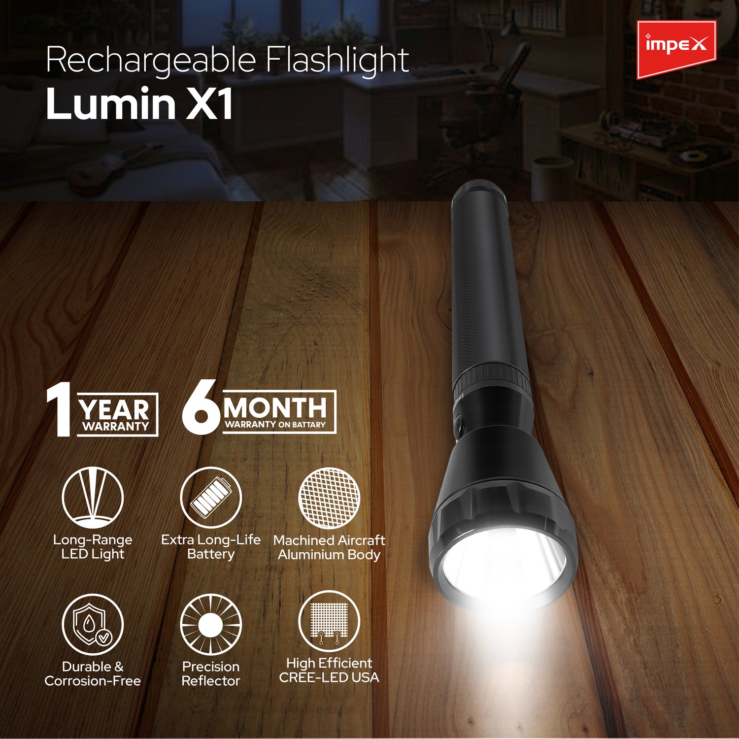 Impex Lumin X1 Rechargeable Torch | Aircraft Aluminum, 5W LED, 800m Range, 1000mAh Battery, 12 Month Warranty