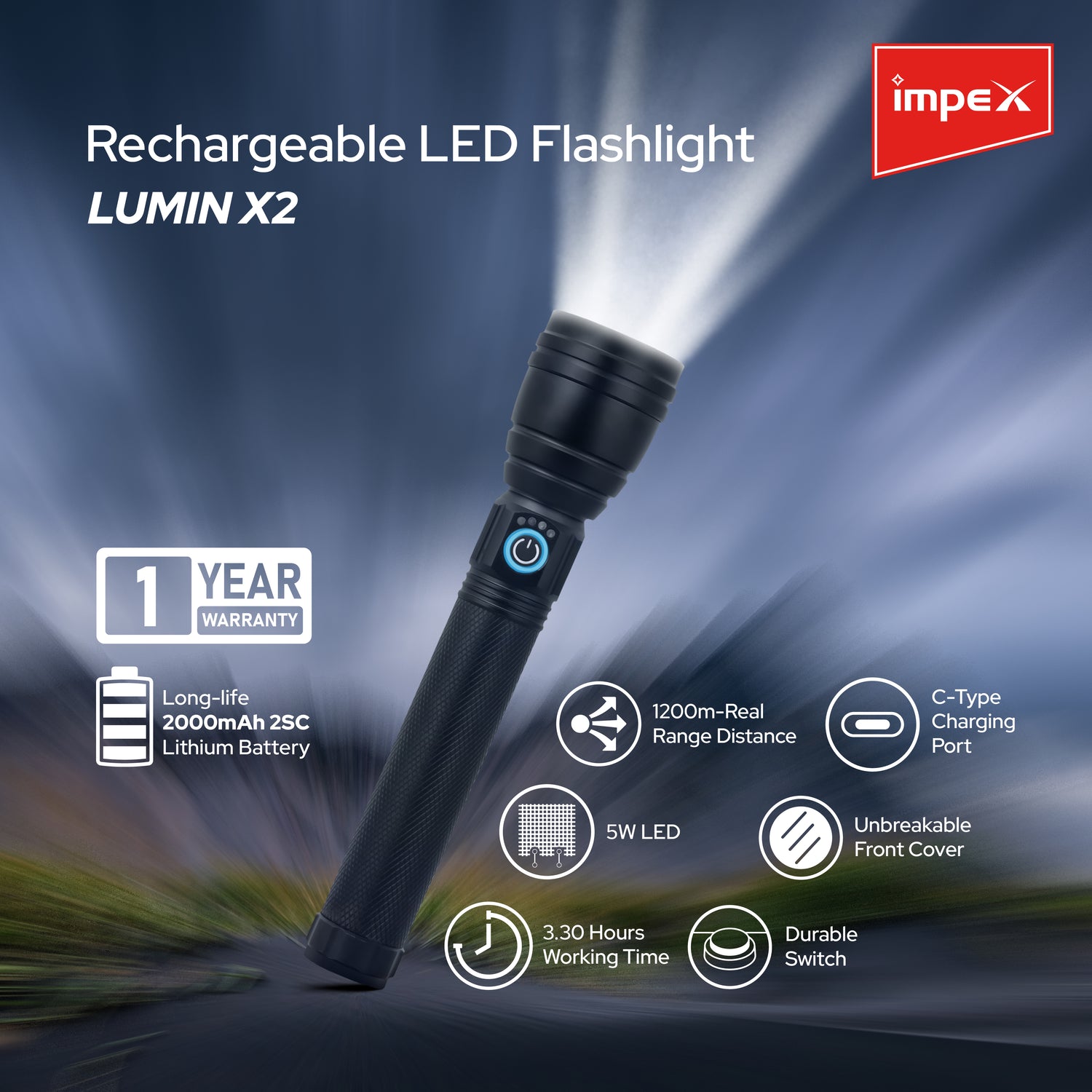 Impex Lumin X2 Rechargeable Torch | Aircraft Aluminum, 220 Lumens, 2000mAh Li-ion Battery, Type-C Charging, 3 Modes