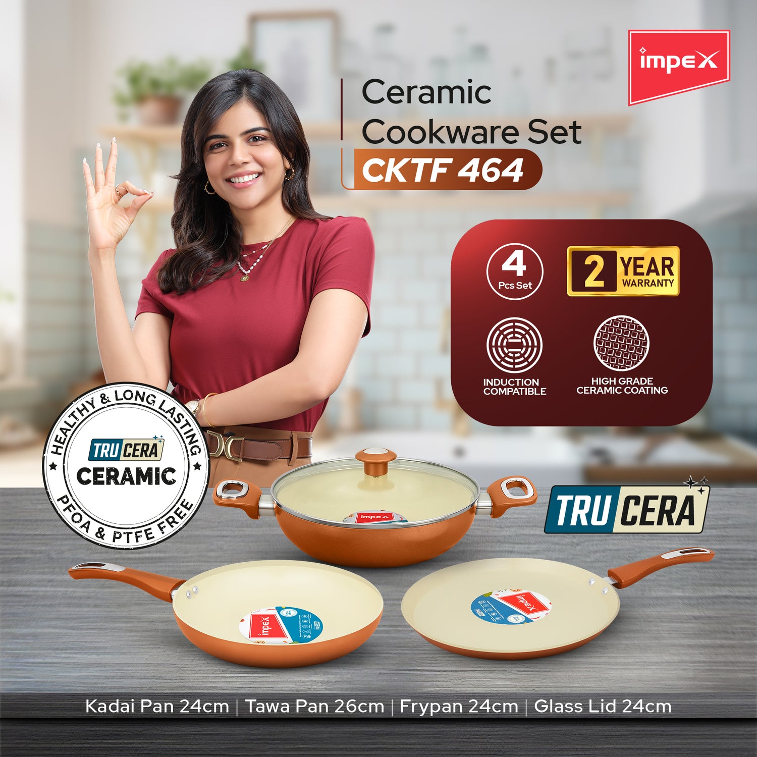 Trucera 4-Piece Ceramic Cookware Set | Tawa, Fry Pan, Kadai | 2 Year Warranty