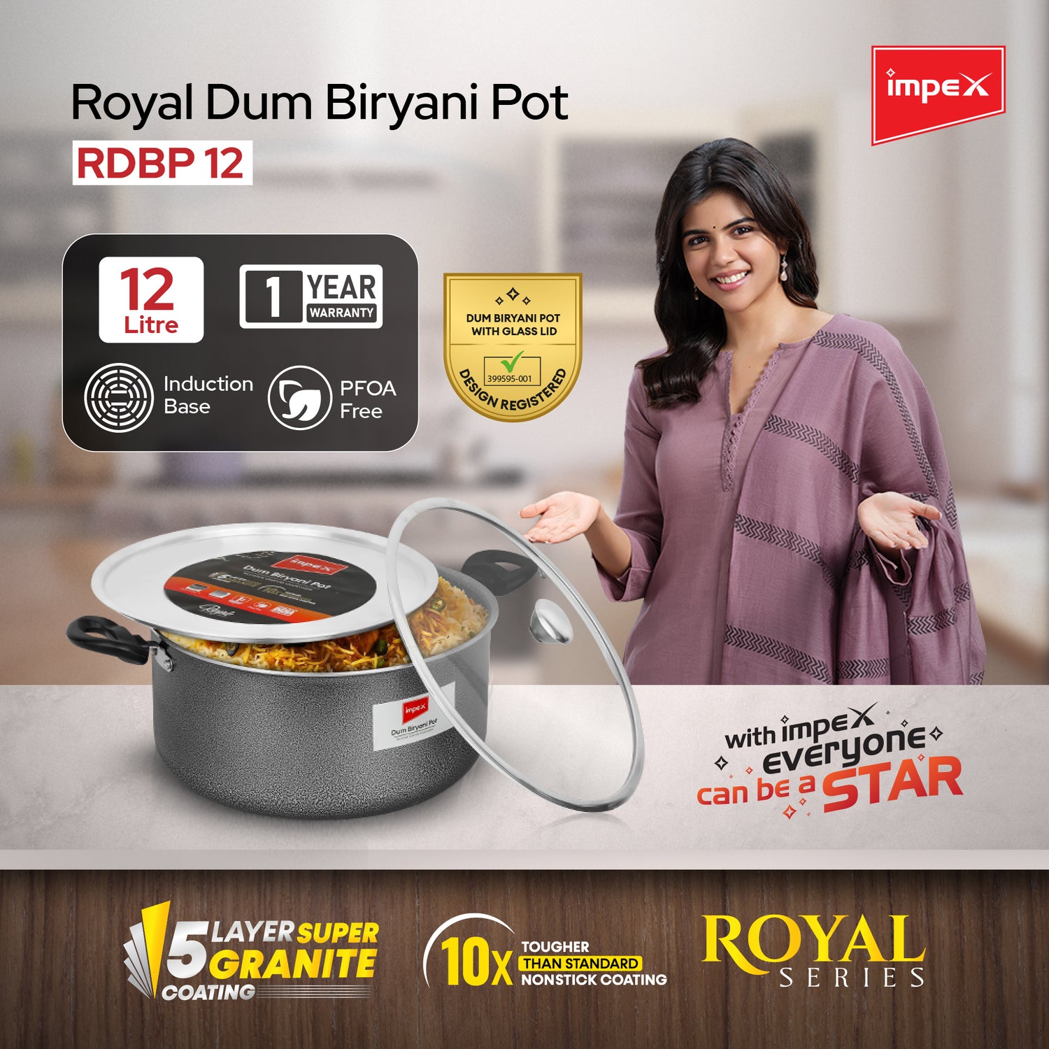 Impex RDBP12 - 12L, Dum Biryani Pot, Aluminium, PFOA-Free, Tempered Glass Lid, Induction Compatible, 1 Year Warranty, Grey