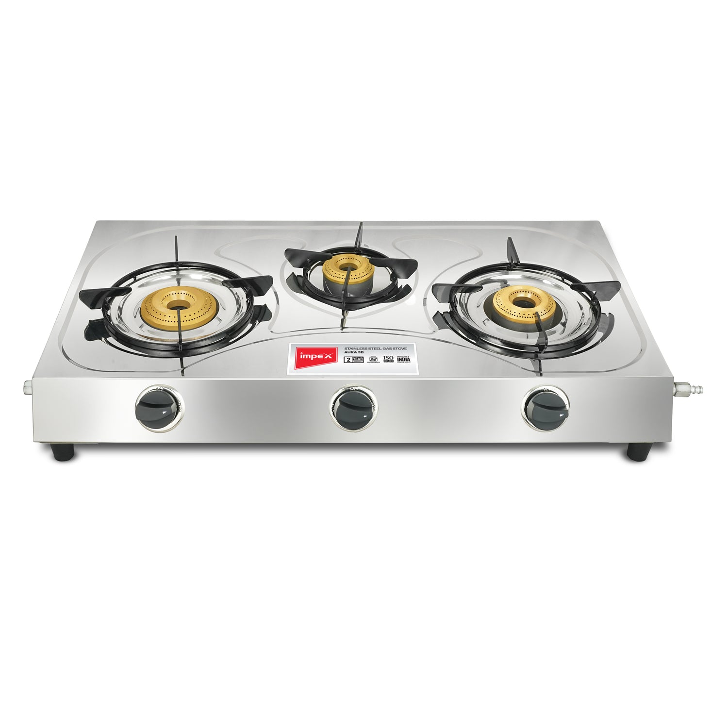 Impex Aura 3B Stainless Steel 3-Burner Gas Stove with 1 Jumbo, 2 Medium Burners, and 2-Year Warranty