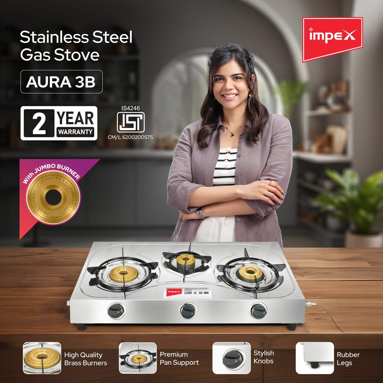 Impex Aura 3B Stainless Steel 3-Burner Gas Stove with 1 Jumbo, 2 Medium Burners, and 2-Year Warranty