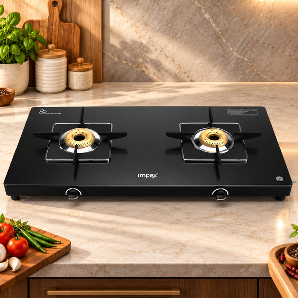 Aspira Glaze 2 Burner Glass Top Gas Stove | Jumbo Brass Burners | Stainless Steel Spill Base | Blue Flame | 68% Thermal Efficiency | 2 Year Warranty