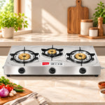 Aura 3B Stainless Steel 3 Burner Gas Stove | Jumbo & 2 Medium Burners | Rust-Resistant | 2-Year Warranty