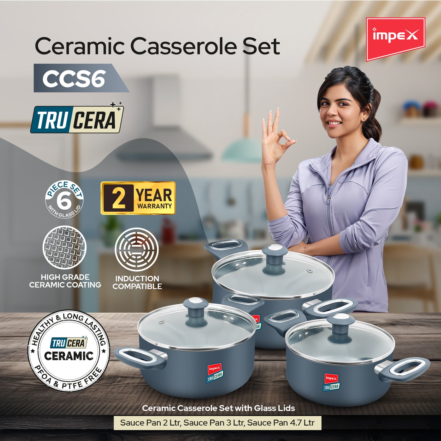 Trucera 6-Piece Ceramic Casserole Set with Glass Lids | Induction Safe | 2 Year Warranty.
