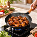 Cast Iron Fry Pan | Pre-Seasoned Natural Nonstick Surface | Nitride Protection | Wooden Handles | Less Oil Cooking | Gas & Induction Compatible | CIL FP24 BW