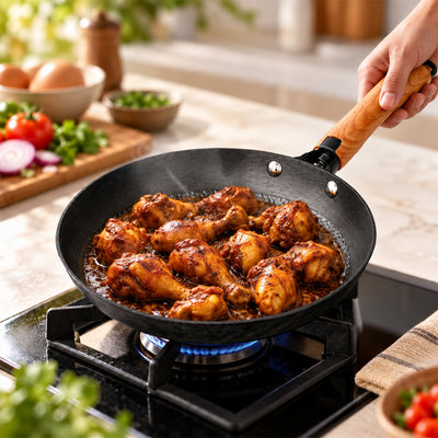 Cast Iron Fry Pan | Pre-Seasoned Natural Nonstick Surface | Nitride Protection | Wooden Handles | Less Oil Cooking | Gas & Induction Compatible | CIL FP24 BW