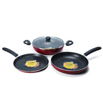 MIGO 4-Piece Nonstick Cookware Set | 3mm Aluminium | 3-Layer Coating | 24cm Tawa, Fry Pan & Kadai with Glass Lid