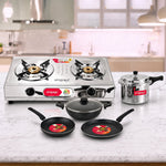 Super Saver Combo - 2 Burner Gas Stove + 3L Pressure Cooker + 4 Piece Non Stick Cookware Set