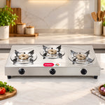 EFFICIO 3B LERC Stainless Steel 3 Burner Gas Stove | 74% Thermal Efficiency | High-Grade SS Body | 5-Year Warranty