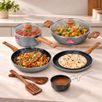 EON Forged FKTM 9 Nonstick Cookware Set (Grey Hammertone) | 5-Piece | Granite Coating | Gas & Induction Compatible | Wooden Handles | 1 Year Warranty