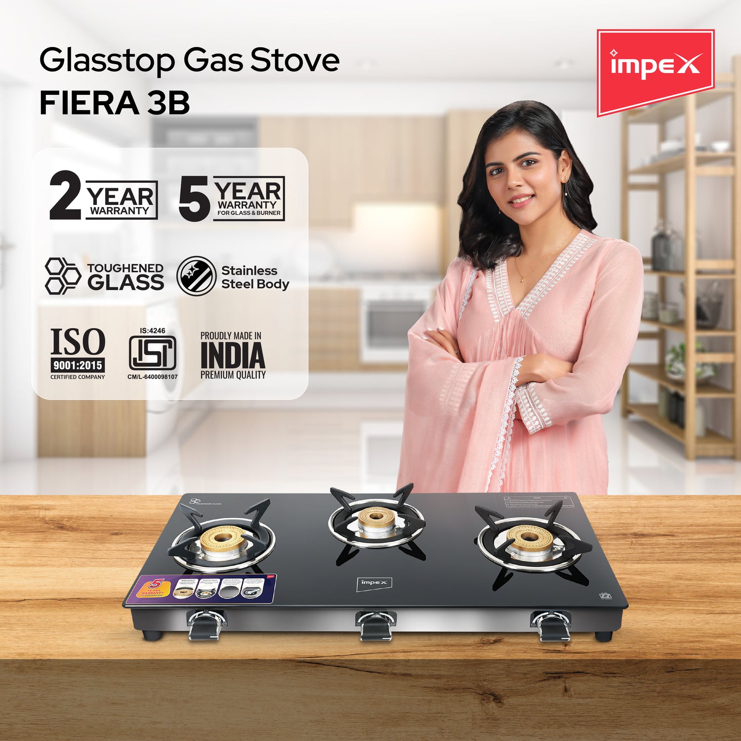 Impex FIERA 3B Glass Top Gas Stove with Open Brass Burners - Black