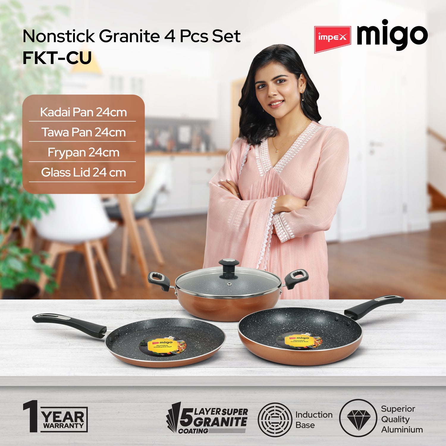 IMPEX Migo Nonstick Granite 4 Pcs Festival Gift Set FKT(Cu), 5-Layer Super Granite Induction Bottom