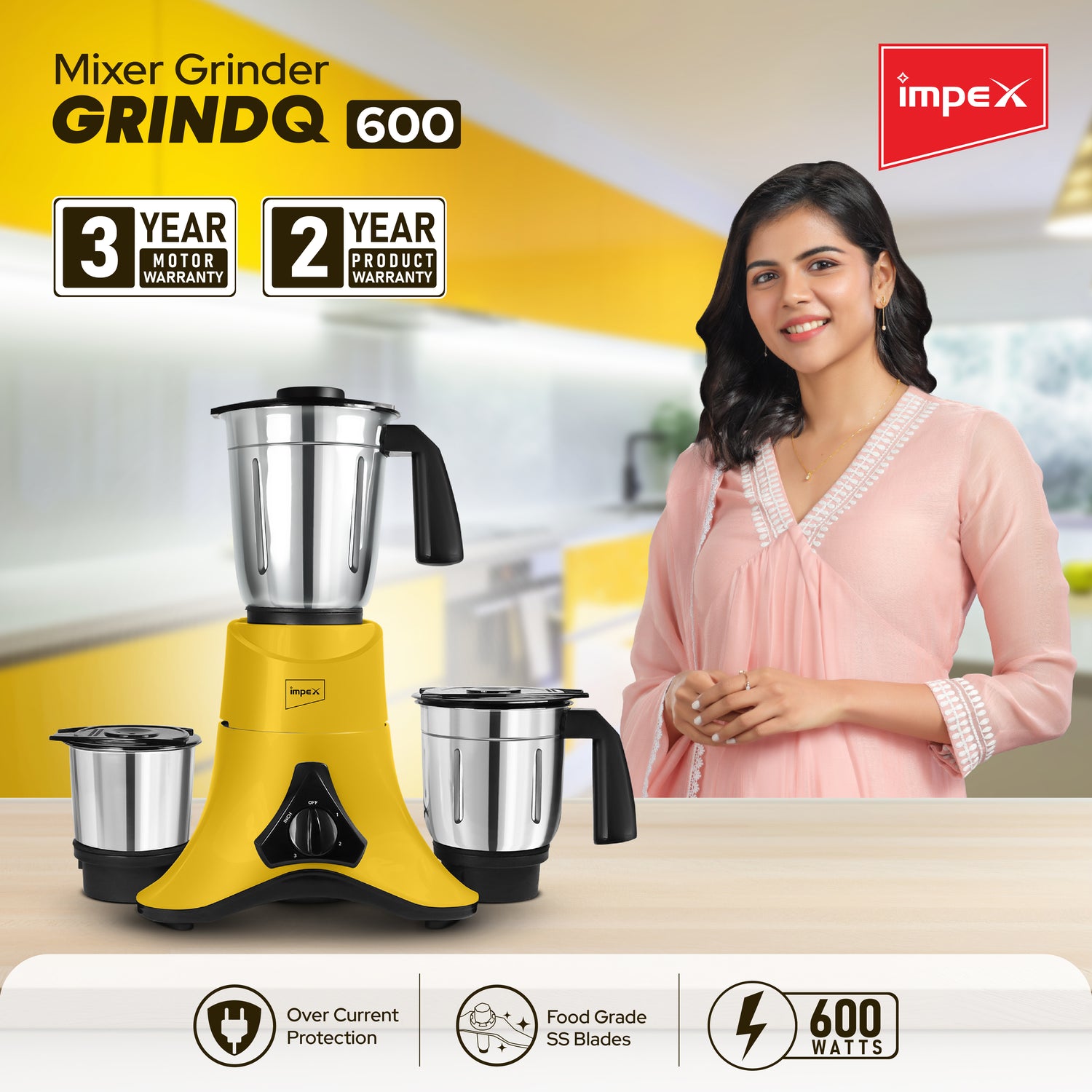 IMPEX Grind Q 600 Mixer Grinder with Over Current Protection | 3+2 Year Warranty | 600 W Mixer Grinder (Grind Q 600 | 3 Jars | Yellow, Black)