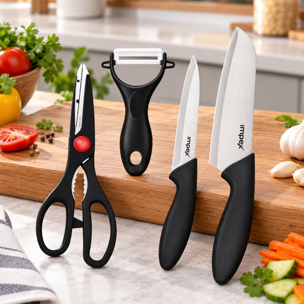 KS 4 Stainless Steel 4-Piece Knife Set with Non-Toxic Handles and Ceramic Peeler