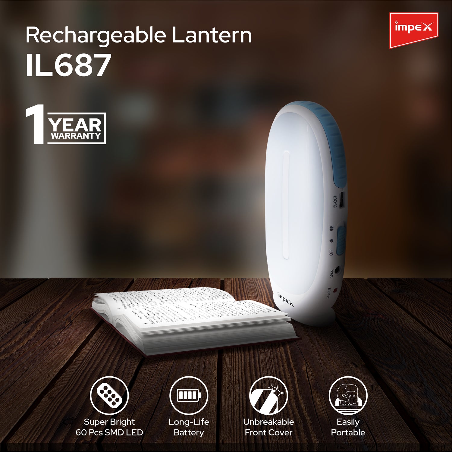 Impex IL-687 Rechargeable LED Lantern Emergency Light (White)