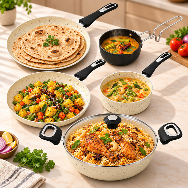 MIGO 6 Piece Granite Cookware Set | 5-Layer Super Granite Coating | Induction Compatible | Beige | 1-Year Warranty
