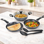 MIGO 6-Piece Granite Cookware Set (Grey) | 24cm Tawa, Fry Pan & Kadai | 5-Layer Super Granite Nonstick | Induction Compatible