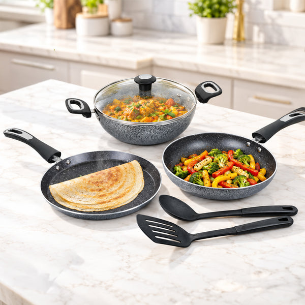 MIGO 6-Piece Granite Cookware Set (Grey) | 24cm Tawa, Fry Pan & Kadai | 5-Layer Super Granite Nonstick | Induction Compatible