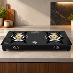 MIGO Linea 2 Burner Glass Top Gas Stove | 6mm Toughened Glass | Mild Steel Body | Manual Ignition | Open Burners | ISI Certified | 1 Year Warranty