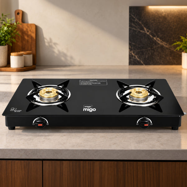 MIGO Linea 2 Burner Glass Top Gas Stove | 6mm Toughened Glass | Mild Steel Body | Manual Ignition | Open Burners | ISI Certified | 1 Year Warranty