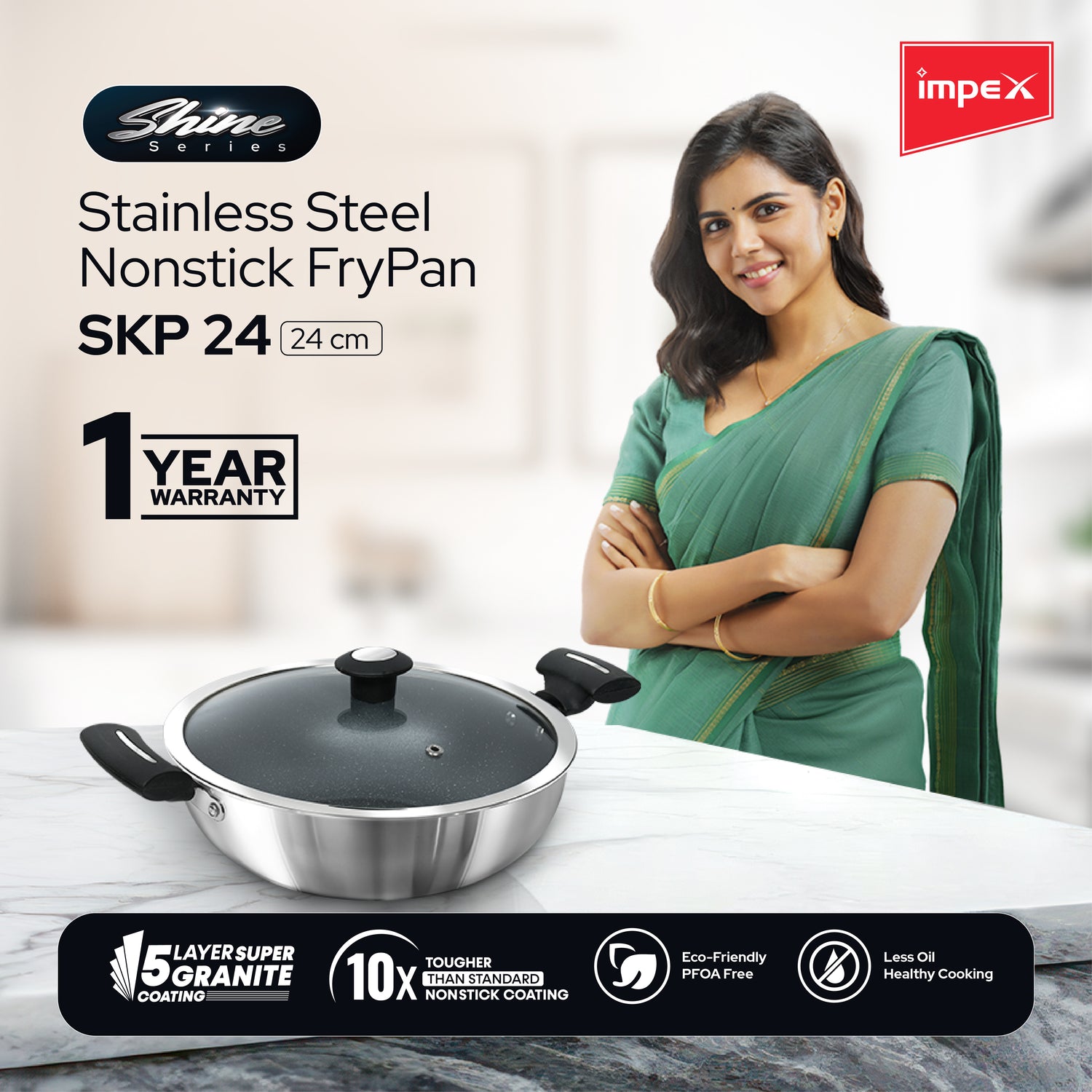 Impex Shine(SKP 24) Stainless steel Non-stick Kadhai Pan 24 cm