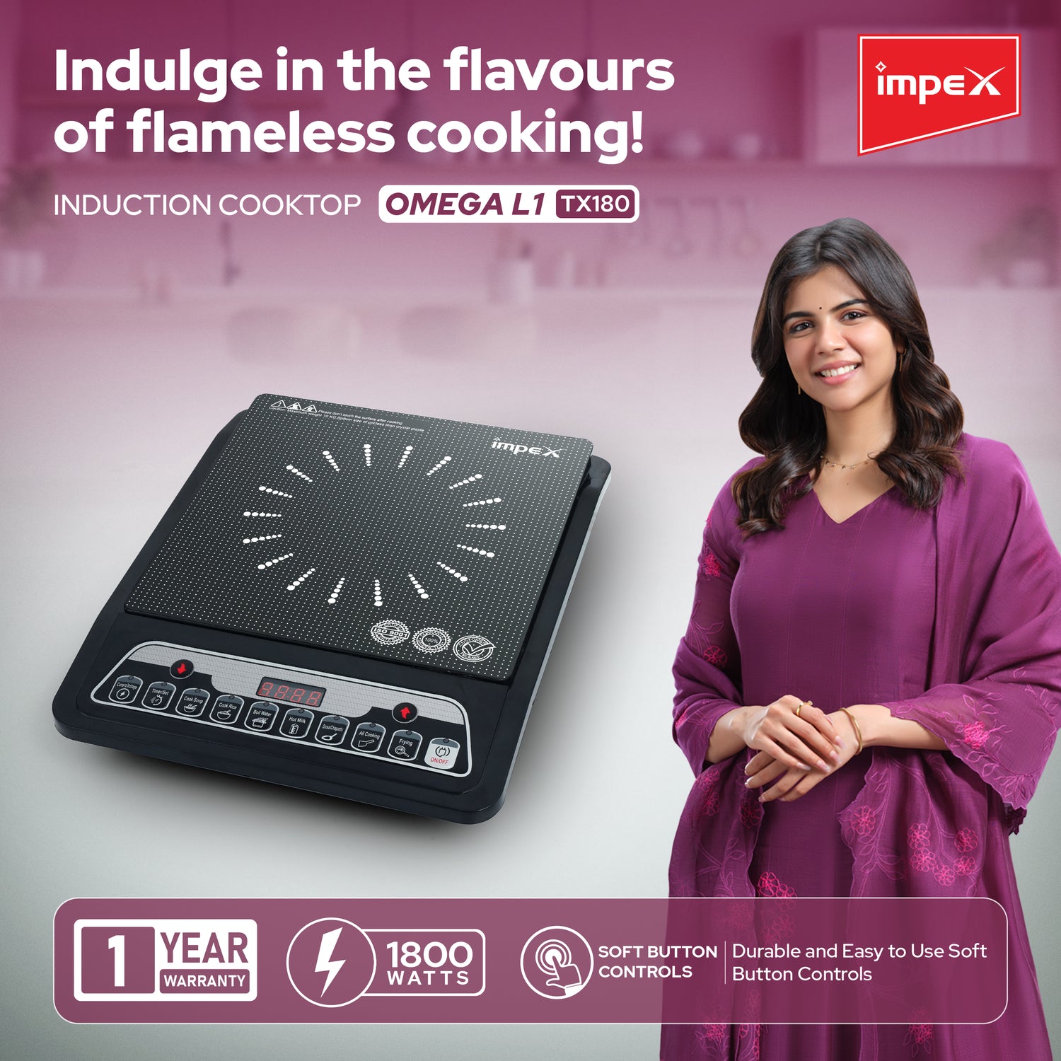 Impex OMEGA L1 TX180 Induction Cooker with 1800W Power | 6 Cooking Modes, LED Display & Timer