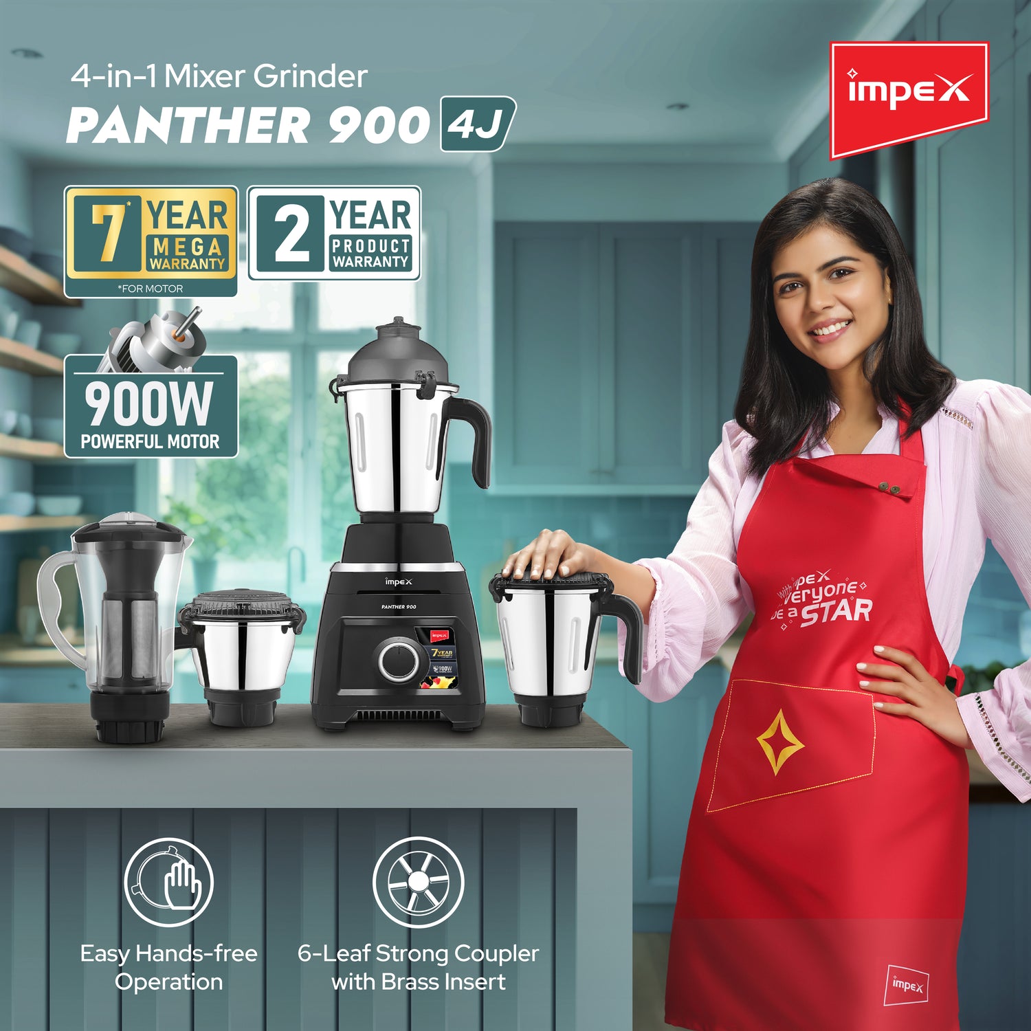 Impex Mixer Grinder (Panther 900 4J Black) – 900W Motor, 1.5L Juicer Jar, 7-Year Motor Warranty