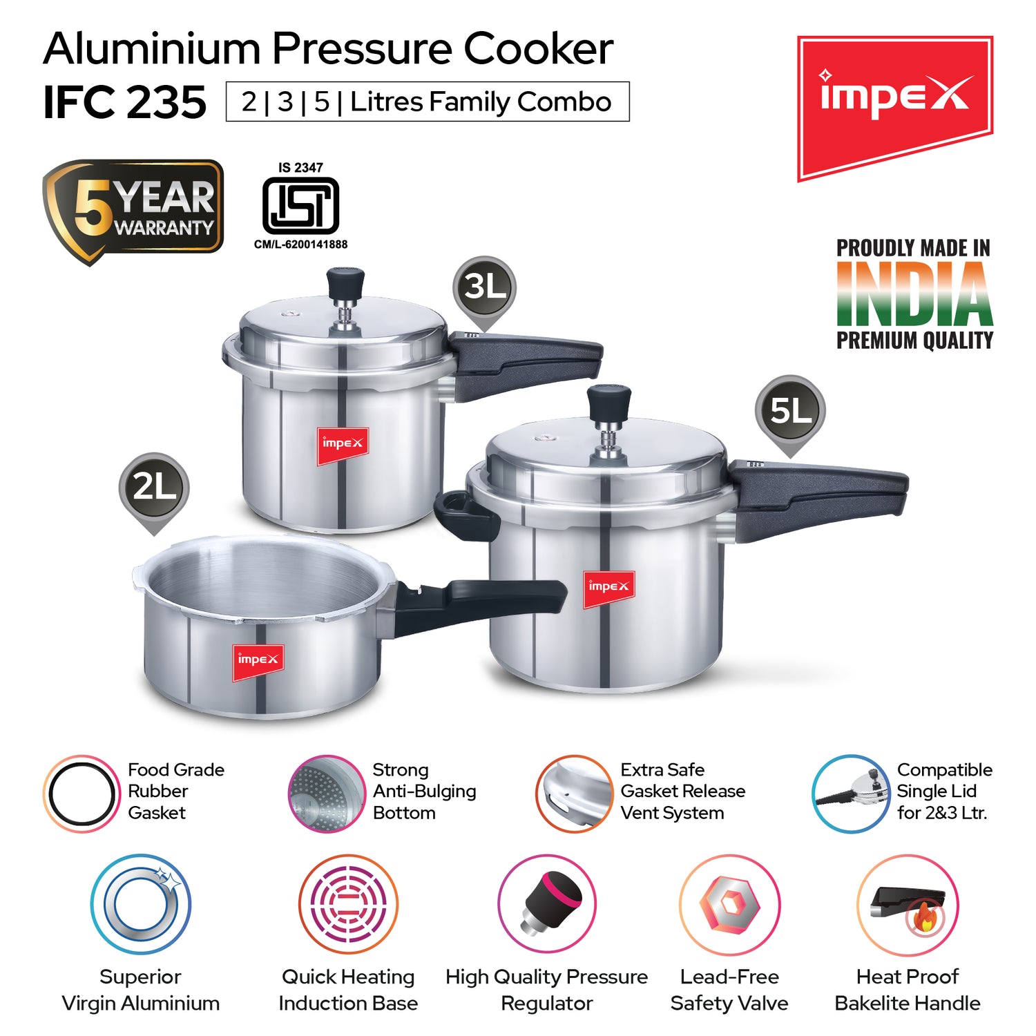 IMPEX Induction Base Combo 2 L, 3 L, 5 L Aluminium Induction Bottom Pressure Cooker