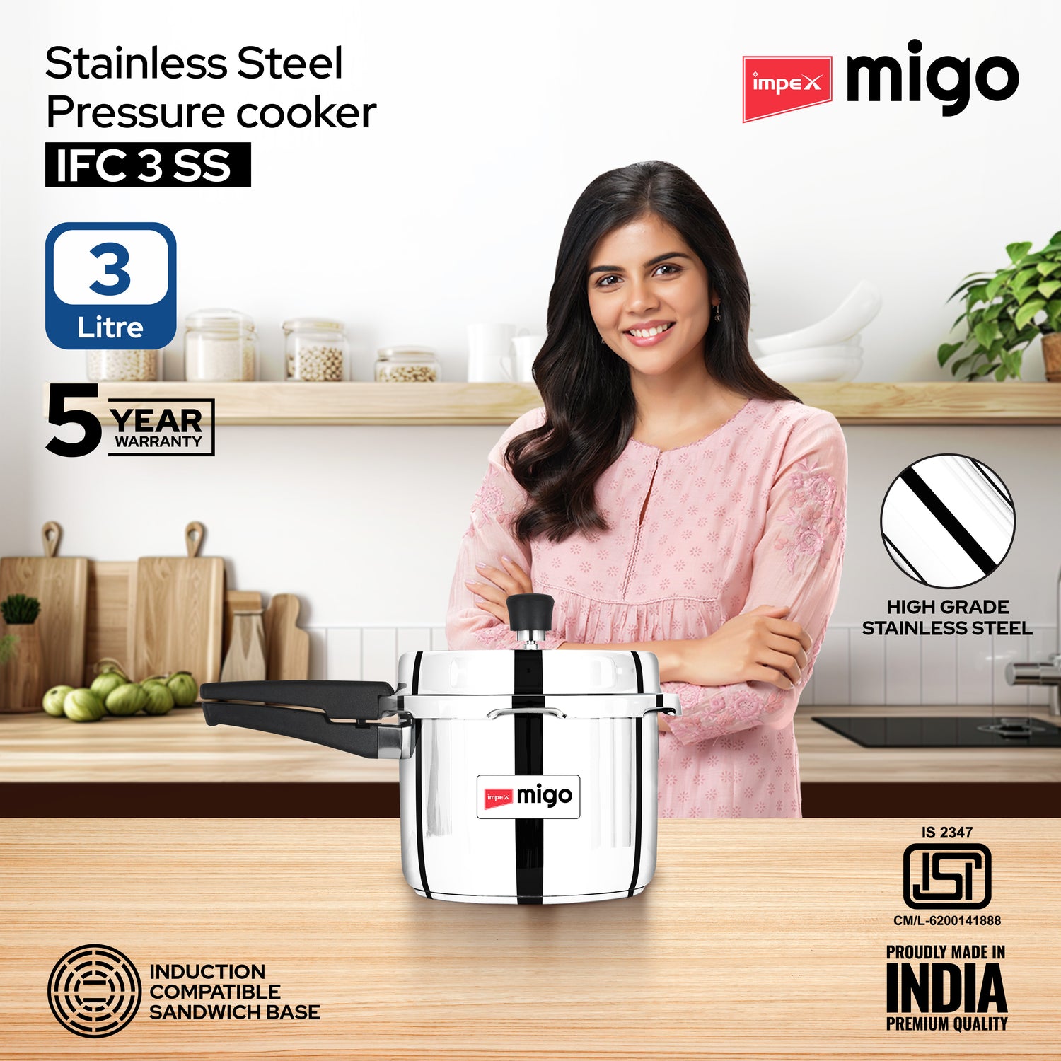 IMPEX Migo 3 L Stainless Steel Pressure cooker IFC 3 SS Induction Bottom (Stainless Steel)