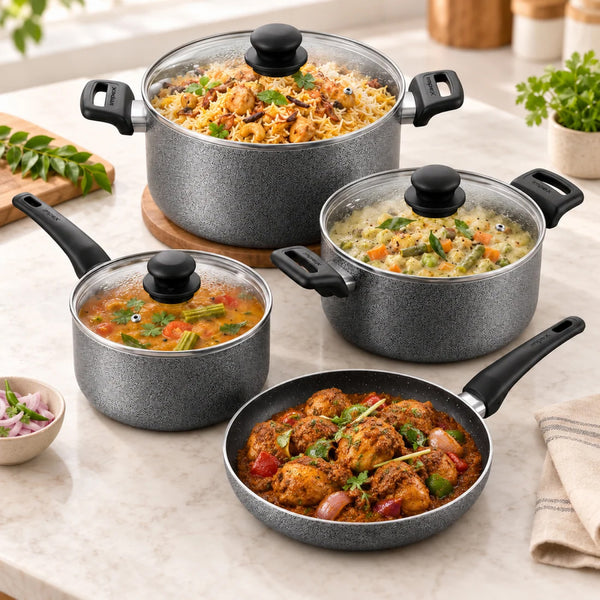 7-Piece Granite Coated Nonstick Cookware Set RHUK8N | Gas & Induction Compatible | Hammer Tone Finish