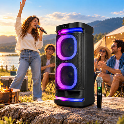 RollingStorm TR25 Party Speaker | 160W | Dual 8" Speakers | Dual Rechargeable Wireless Karaoke Mics | TWS | RGB LED Lights | Guitar Input