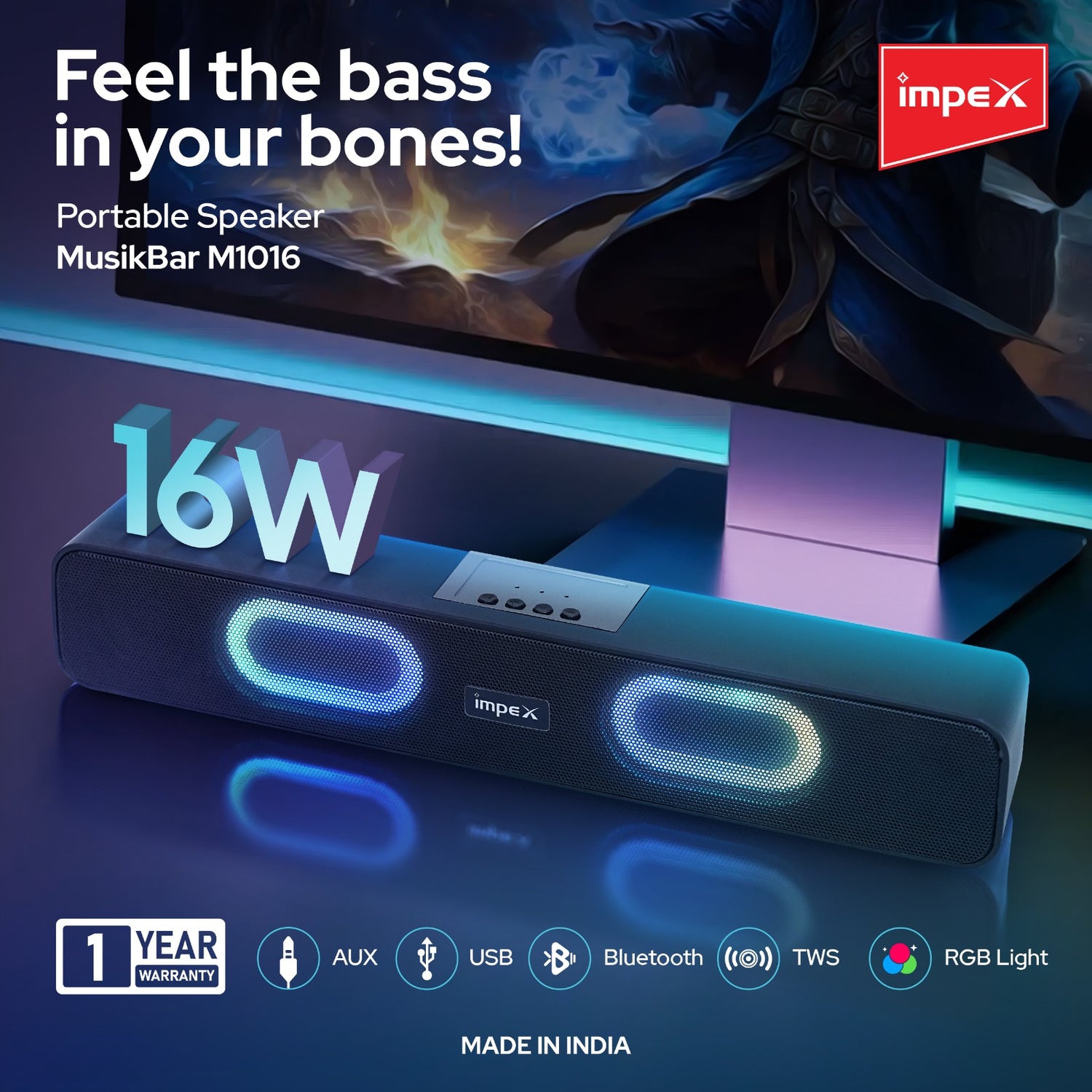 Impex MUSIKBAR M1016 Portable Soundbar with LED Lights, Bluetooth 5.3, USB, AUX, FM, TF - Black | 1 Year Warranty