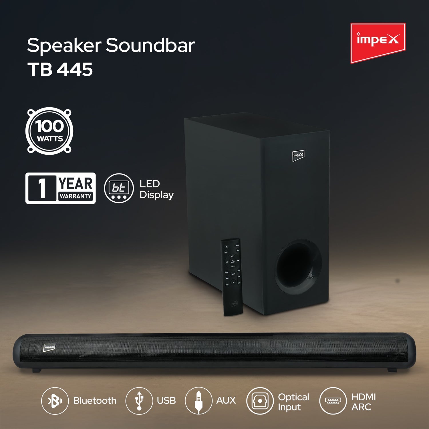Impex TB 445 100W Soundbar with Subwoofer, Bluetooth 5.3, Multiple Inputs, Wall Mountable - Black | 1 Year Warranty
