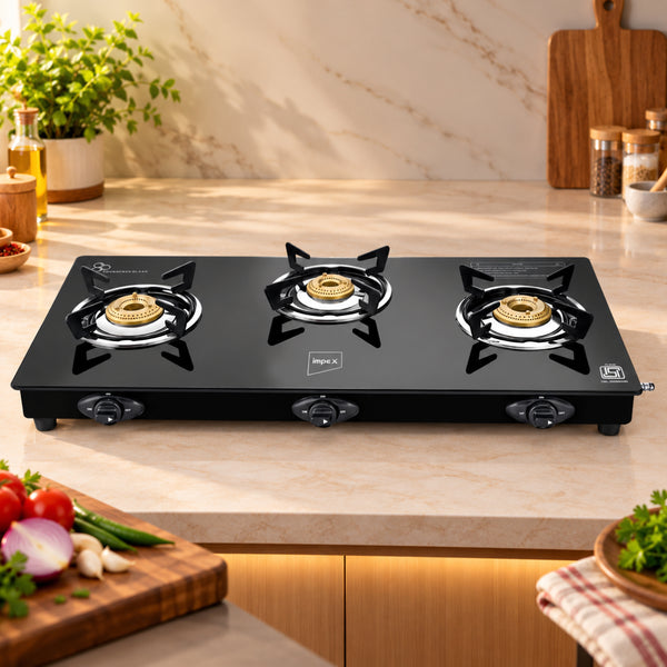 Specta 3B Neo 3 Burner Gas Stove | Toughened Glass Top | Brass Burners | Black