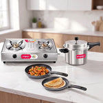 Super Saver Combo - 2 Burner Gas Stove + 5L Pressure Cooker + Non stick Fry pan and Tawa