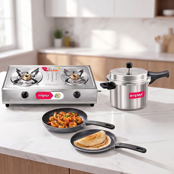 Super Saver Combo - 2 Burner Gas Stove + 5L Pressure Cooker + Non stick Fry pan and Tawa
