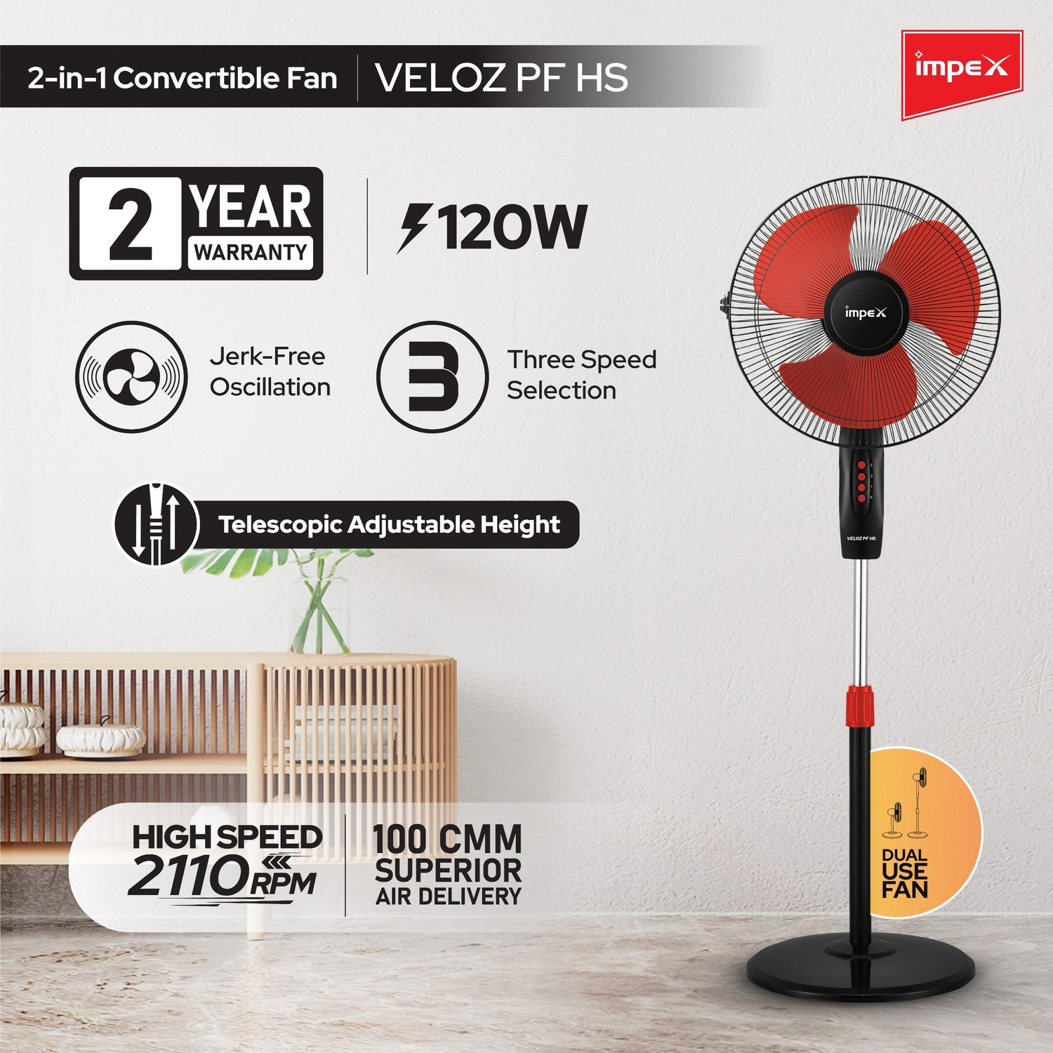 Impex Veloz High-Speed 100% Copper Pedestal Fan with 400mm Sweep, 120W Motor, and Thermal Overload Protection (Red & Black)